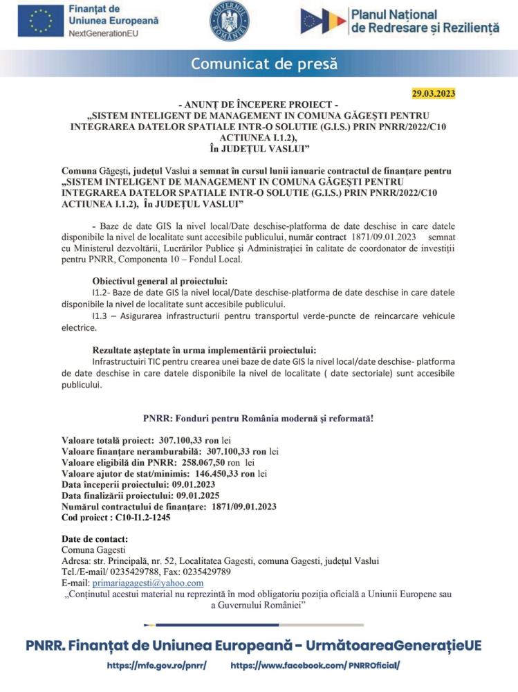 Proiect „Sistem inteligent de management în comuna Găgești pentru integrarea datelor spațiale într-o soluție (G.I.S.) prin PNRR/2022/C10 Acțiunea I 1.2), în județul Vaslui