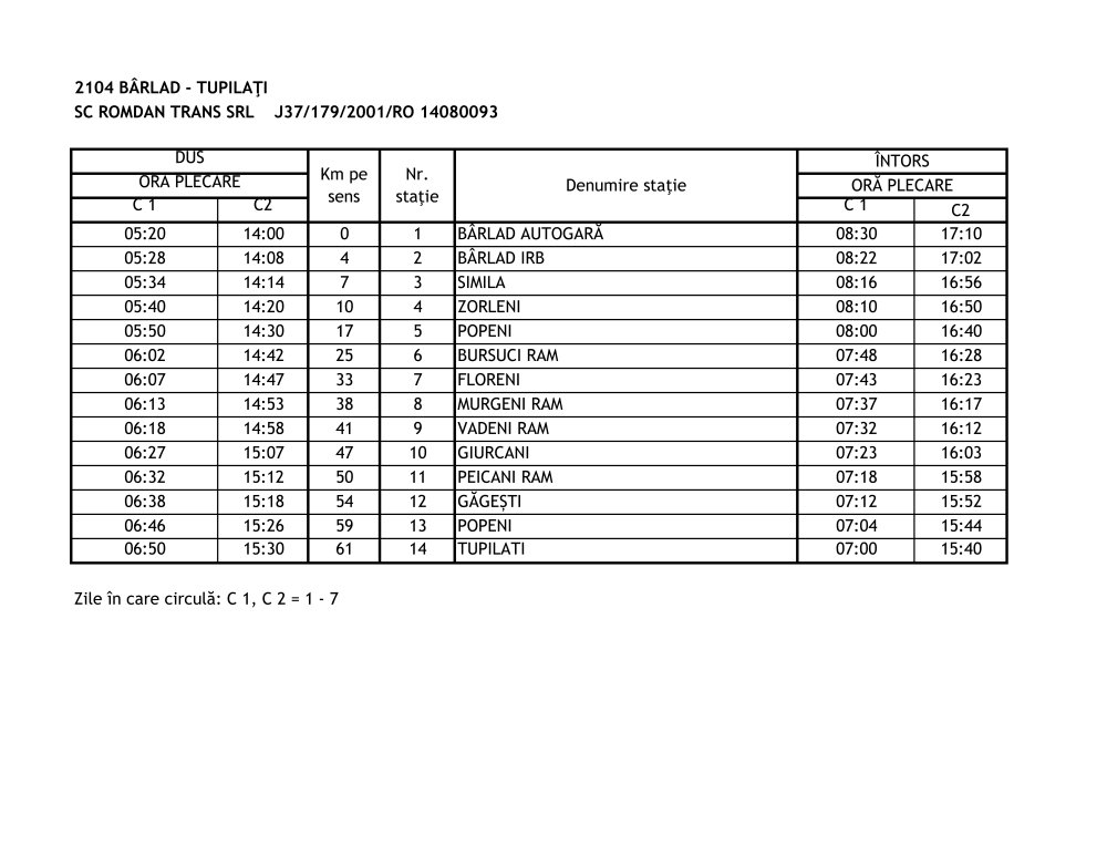 Informații privind serviciul de transport în comuna Găgești, județul Vaslui