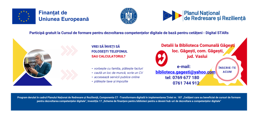 Cursuri gratuite de dezvoltare a competențelor digitale de bază în perioada noiembrie 2025 - aprilie 2026 la Biblioteca Comunală Găgești