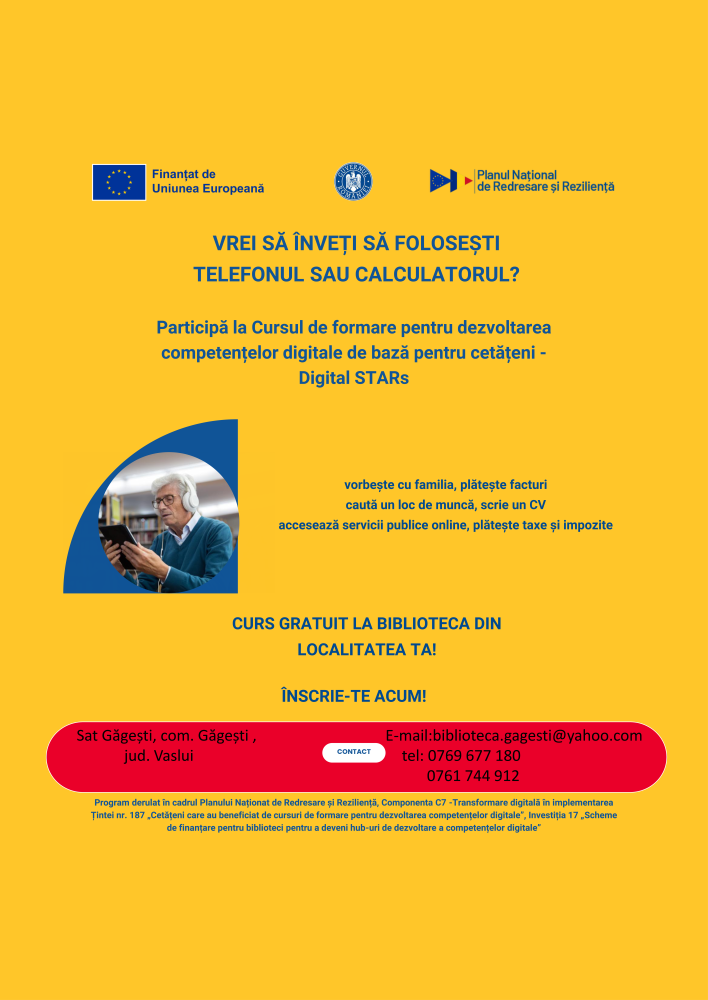 Cursuri gratuite de dezvoltare a competențelor digitale de bază în perioada noiembrie 2025 - aprilie 2026 la Biblioteca Comunală Găgești