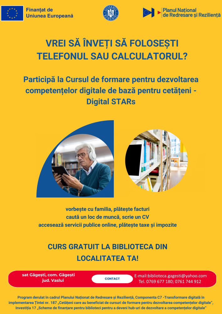 Cursuri gratuite de dezvoltare a competențelor digitale de bază în perioada noiembrie 2025 - aprilie 2026 la Biblioteca Comunală Găgești