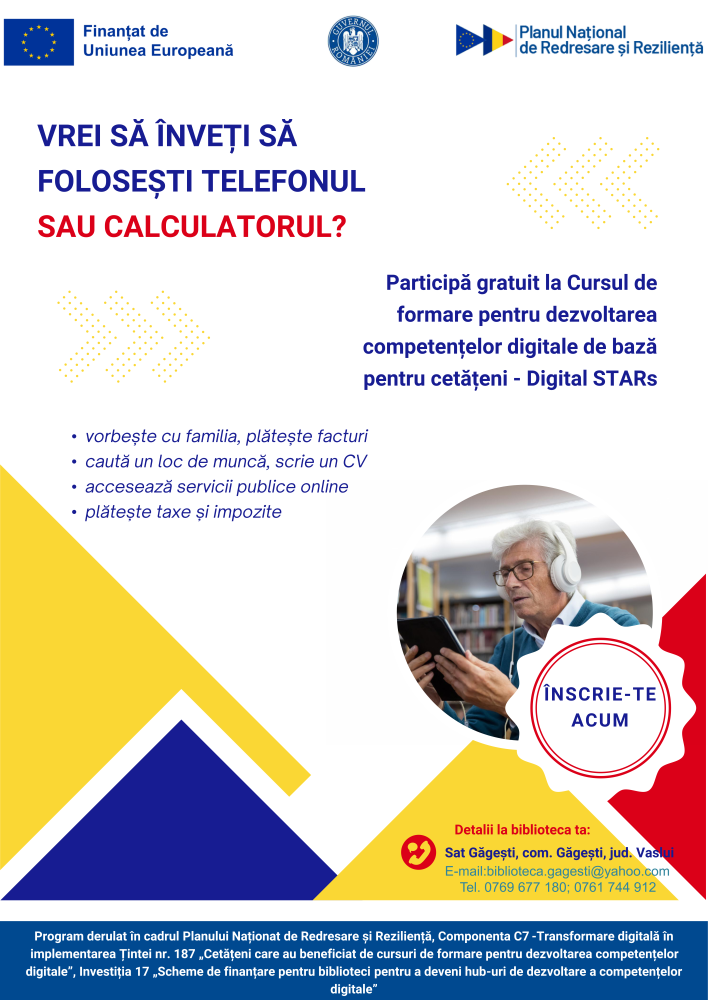 Cursuri gratuite de dezvoltare a competențelor digitale de bază în perioada noiembrie 2025 - aprilie 2026 la Biblioteca Comunală Găgești