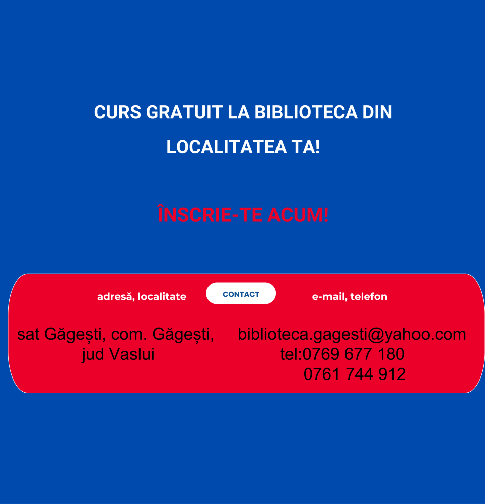 Cursuri gratuite de dezvoltare a competențelor digitale de bază în perioada noiembrie 2025 - aprilie 2026 la Biblioteca Comunală Găgești