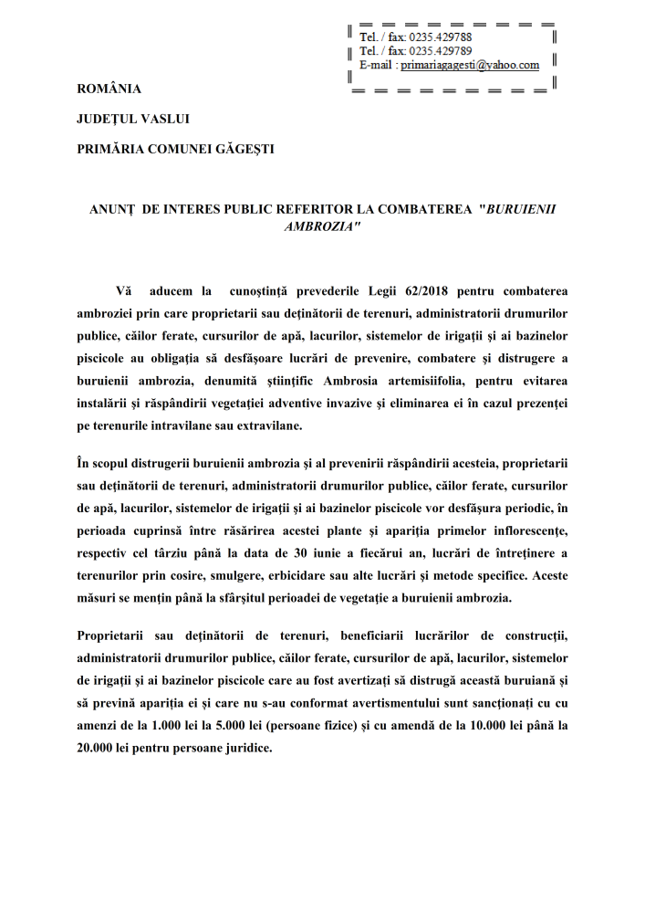 Anunț de interes public referitor la combaterea „buruienii ambrozia”