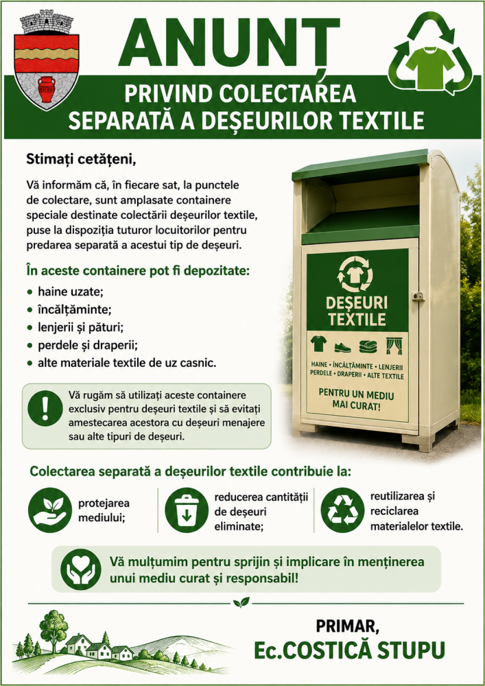 Anunț privind colectarea separată a deșeurilor textile
