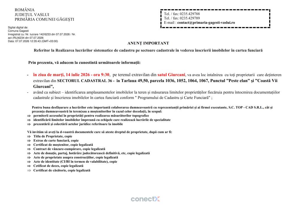 Anunț referitor la Realizarea lucrărilor sistematice de cadastru pe sectoare cadastrale în vederea înscrierii imobilelor în cartea funciară