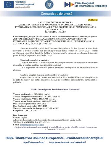 Proiect „Sistem inteligent de management în comuna Găgești pentru integrarea datelor spațiale într-o soluție (G.I.S.) prin PNRR/2022/C10 Acțiunea I 1.2), în județul Vaslui"