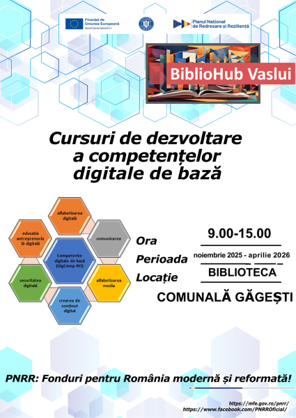 Cursuri gratuite de dezvoltare a competențelor digitale de bază în perioada noiembrie 2025 - aprilie 2026 la Biblioteca Comunală Găgești