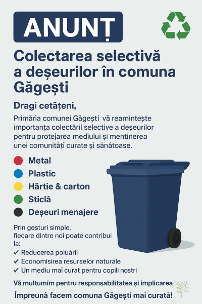 Informații privind colectarea selectivă a deșeurilor în comuna Găgești